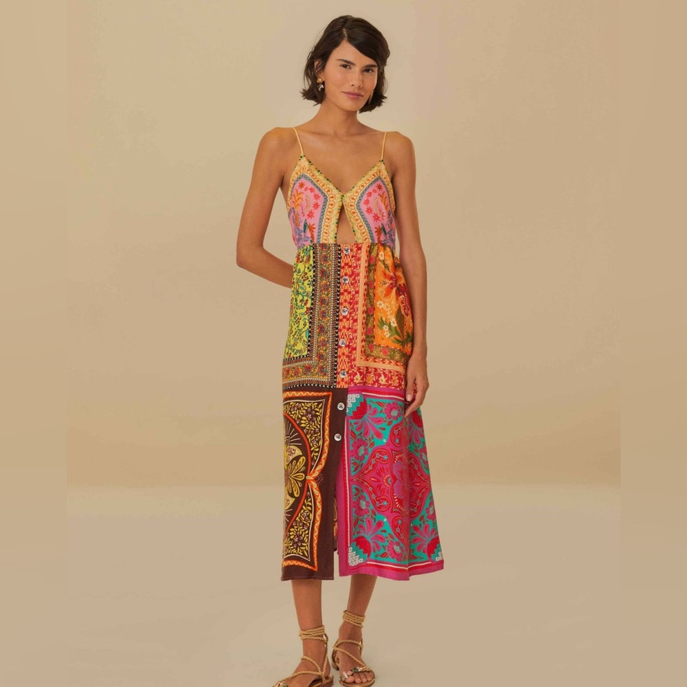 NWT Farm Rio Multicolor Mixed Scarves Lenzing™ Ecovero™ Viscose Midi Dress